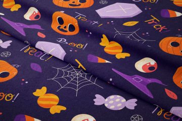 Happy Halloween Mor Zeminli Hayalet Balkabağı, Tabut, Örümcek Ağ, Tek Göz, Şekerleme