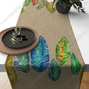50 cm'lik Runner Kahverengi Keten Zeminli Kuş Tüyü Desenli(İNDİRİMİ %20)