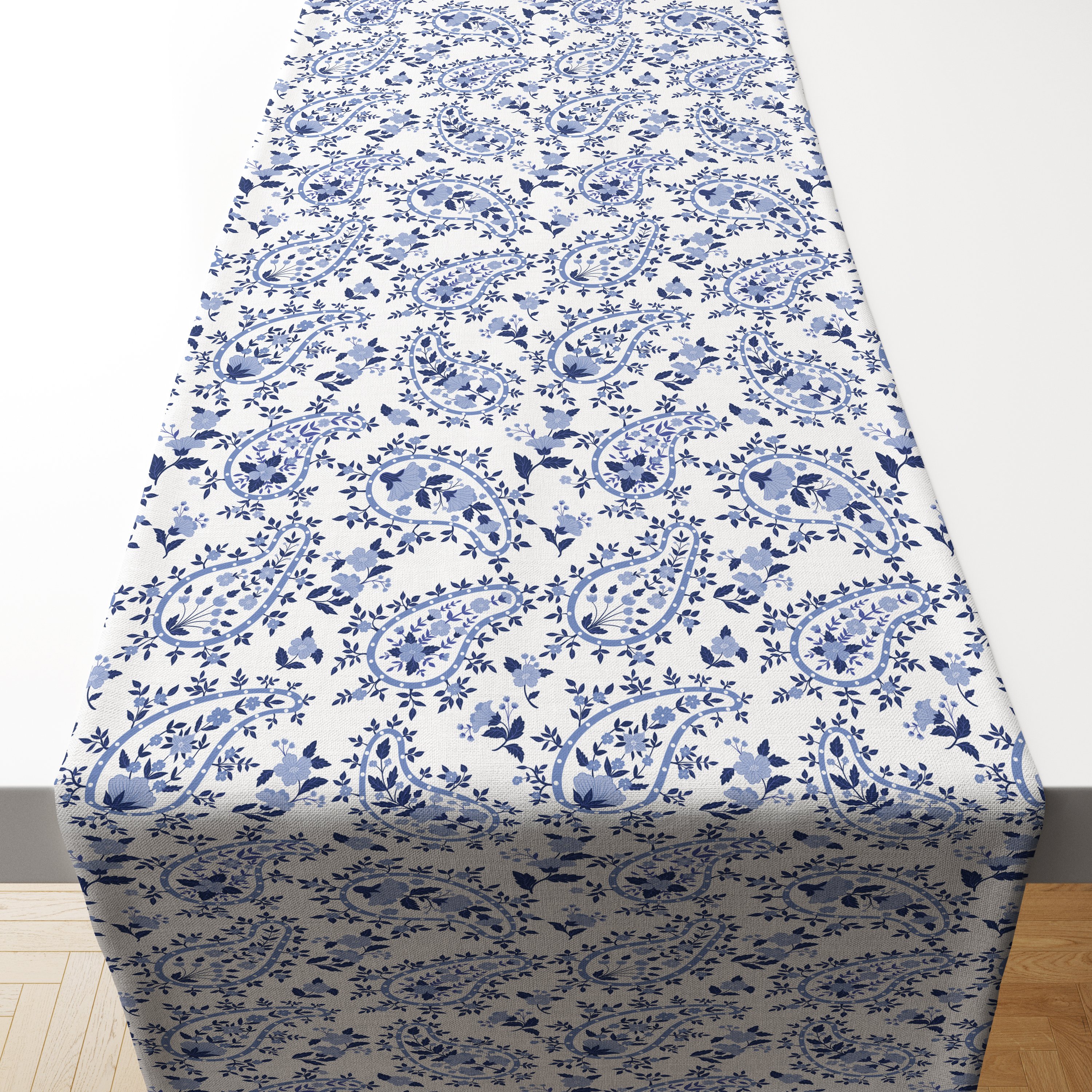 Soft Mavi Renkli Şal ve Çiçekler Kombinli Stilize Kontürlu (Dikilmemiş) Leke Tutmaz Runner Kumaş