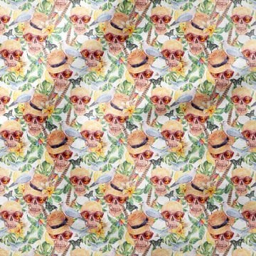 Tropical Leaf and Glasses Skull Patterned Fabric