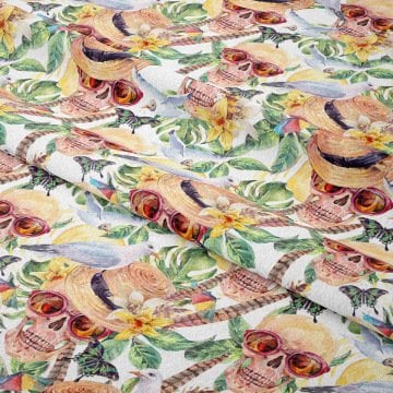 Tropical Leaf and Glasses Skull Patterned Fabric