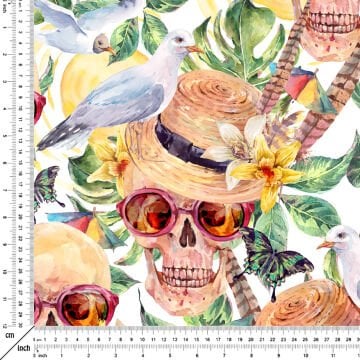Tropical Leaf and Glasses Skull Patterned Fabric
