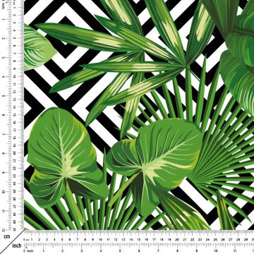 Geometrik Siyah Beyaz Çizgili Tropikal Büyük Yaprak Desenli Kumaş