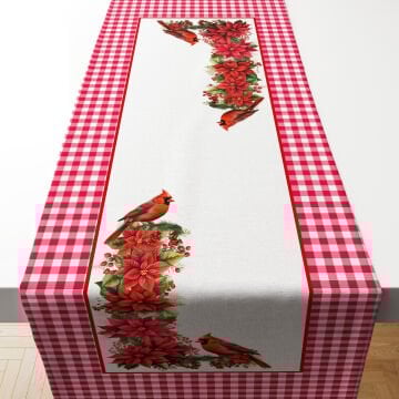 Kırmızı Ekoseli Kuşlu Atatürk Çiçeği (Dikilmemiş) Leke Tutmaz Runner Kumaş