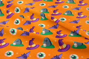 Happy Halloween Turuncu Zeminli Canavar Gözlü, Şapka, Yarasa
