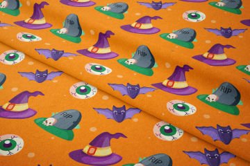 Happy Halloween Turuncu Zeminli Canavar Gözlü, Şapka, Yarasa