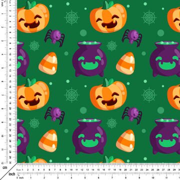 Happy Halloween Yeşil Zeminli Canavar Balkabakları, İksir Tenceresi, Örümcek