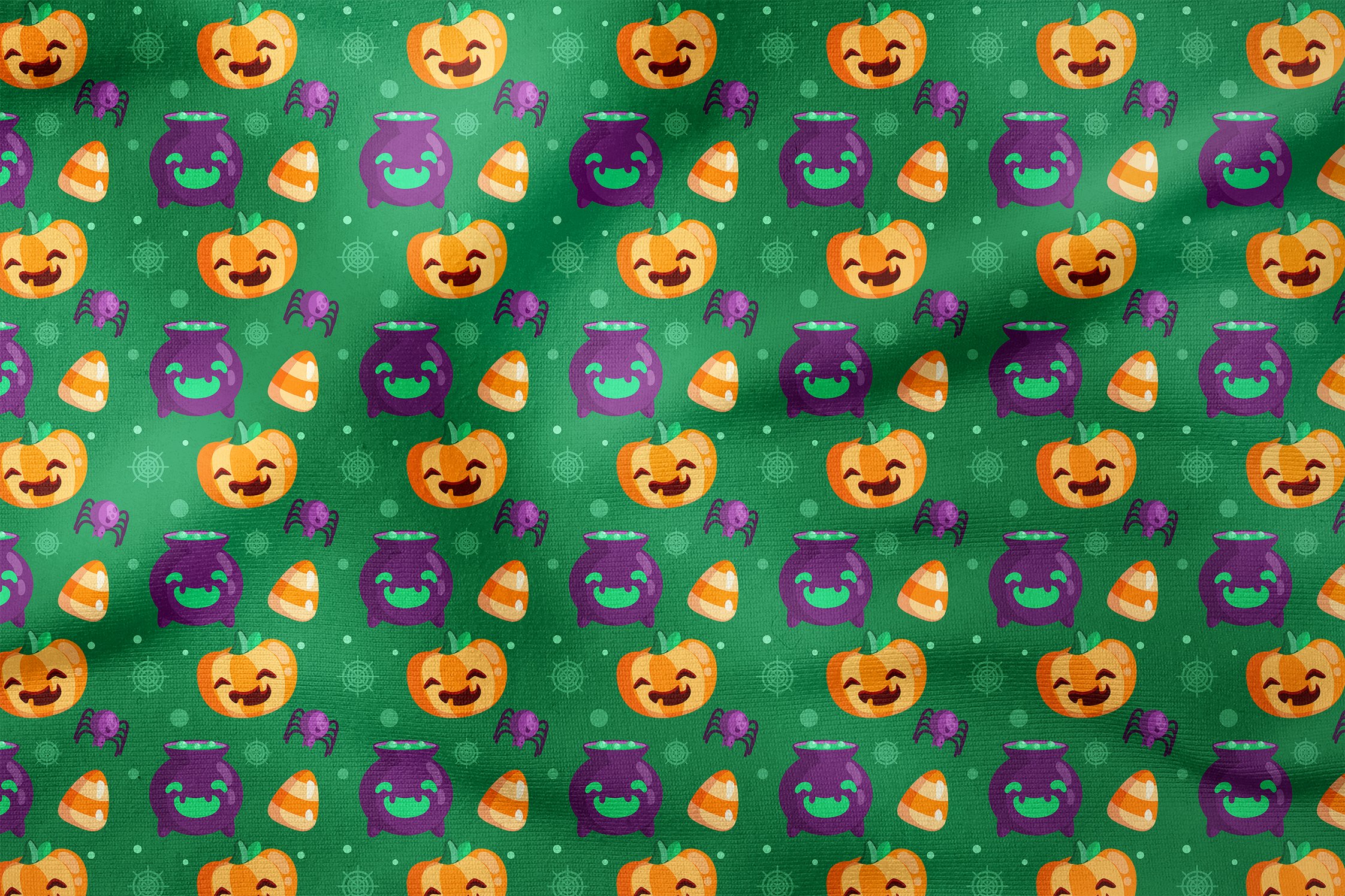 Happy Halloween Yeşil Zeminli Canavar Balkabakları, İksir Tenceresi, Örümcek