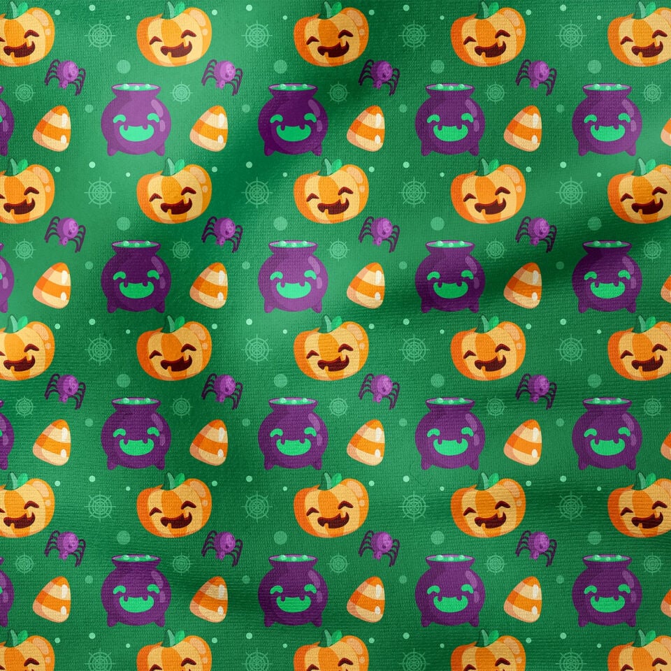 Happy Halloween Yeşil Zeminli Canavar Balkabakları, İksir Tenceresi, Örümcek