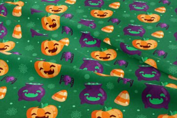 Happy Halloween Yeşil Zeminli Canavar Balkabakları, İksir Tenceresi, Örümcek