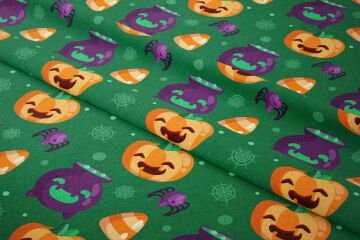 Happy Halloween Yeşil Zeminli Canavar Balkabakları, İksir Tenceresi, Örümcek