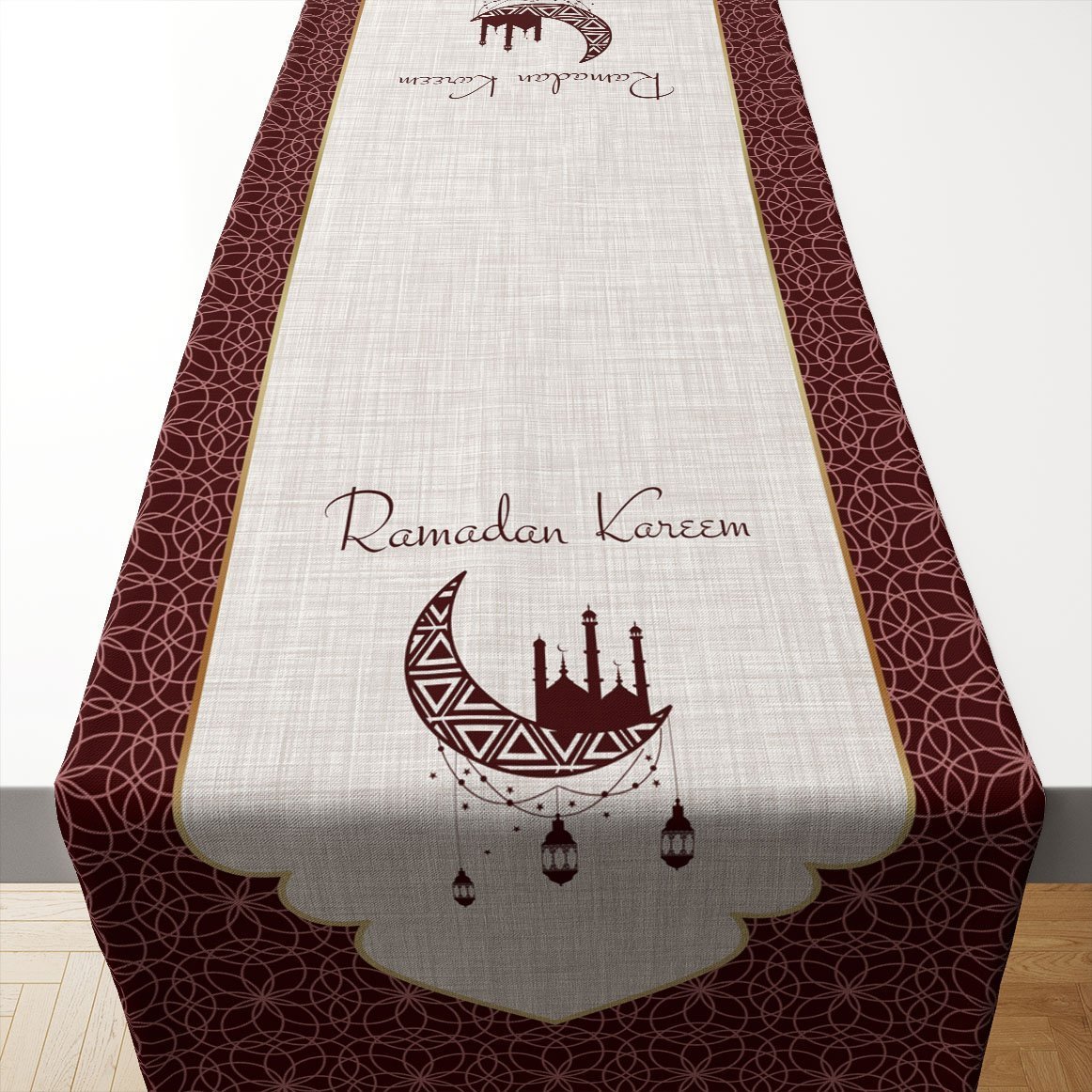 Ramazan Koleksiyonu- Ramadan Kareem Bordo Geometrik Runner Dikilmemiş Panel Kumaş(%20 İNDİRİM)