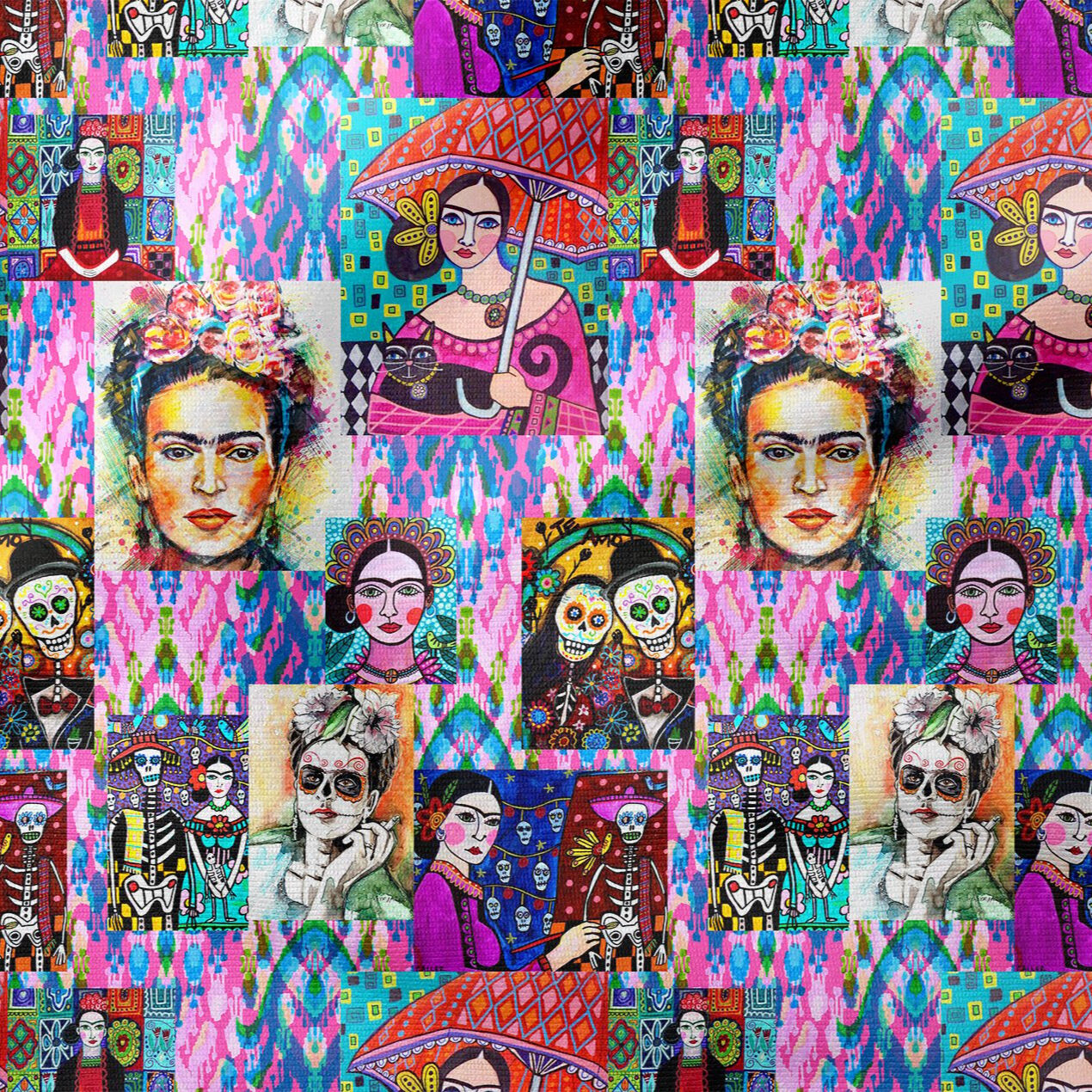 Frida Kahlo Kolaj Desenli Kumaş – Renkli Sanatsal Dijital Baskılı Dekoratif Kumaş