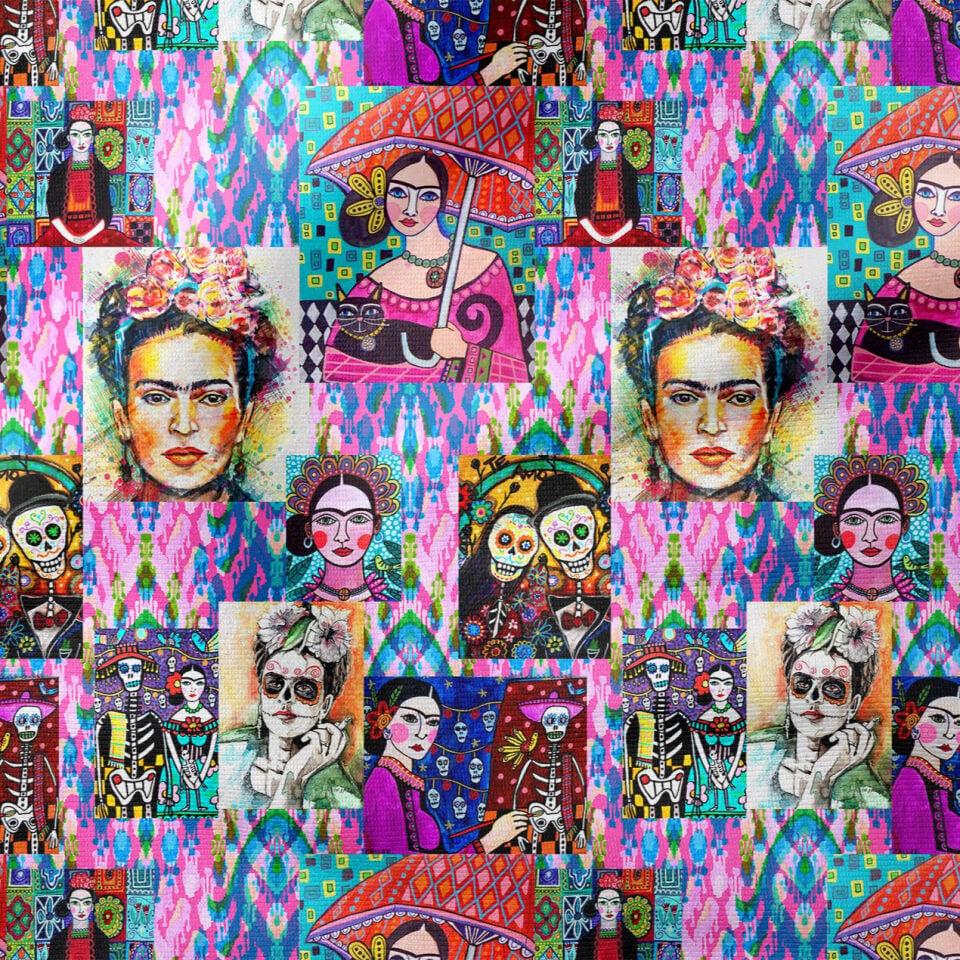 Frida Kahlo Kolaj Desenli Kumaş – Renkli Sanatsal Dijital Baskılı Dekoratif Kumaş