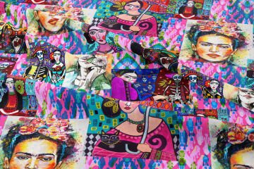 Frida Kahlo Kolaj Desenli Kumaş – Renkli Sanatsal Dijital Baskılı Dekoratif Kumaş