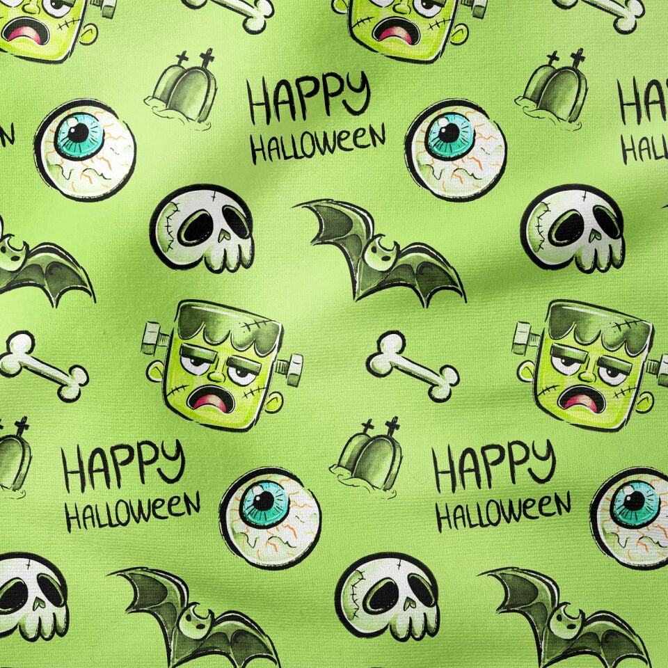 Happy Halloween Yeşil Zeminli Canavar, Yarasa, Kemik, Göz, Mezar Taşı