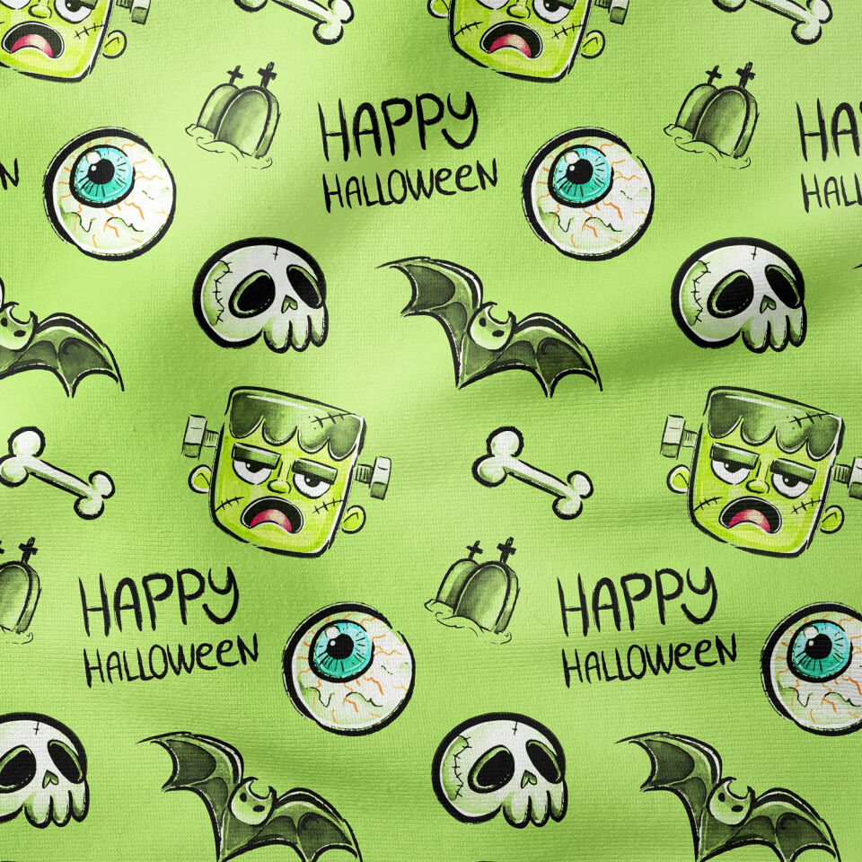 Happy Halloween Yeşil Zeminli Canavar, Yarasa, Kemik, Göz, Mezar Taşı