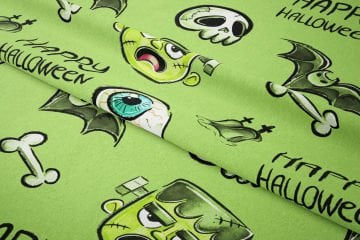 Happy Halloween Yeşil Zeminli Canavar, Yarasa, Kemik, Göz, Mezar Taşı