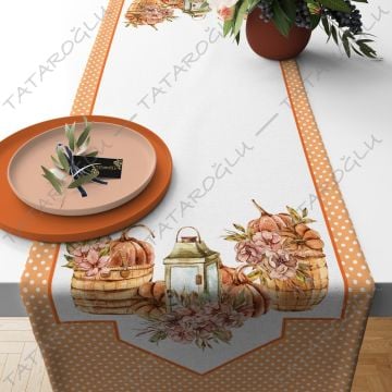 Yılbaşı Koleksiyonu- 50 cm'lik Runner Turuncu Puantiyeli Balkabaklı Kumaş(SONBAHAR İNDİRİMİ)