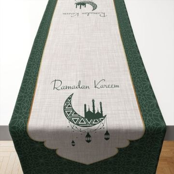 Ramazan Koleksiyonu- Ramadan Kareem Yeşil Geometrik Runner Dikilmemiş Panel Kumaş(%20 İNDİRİM)