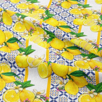 Çini Zeminli Limon Desenli Kumaş