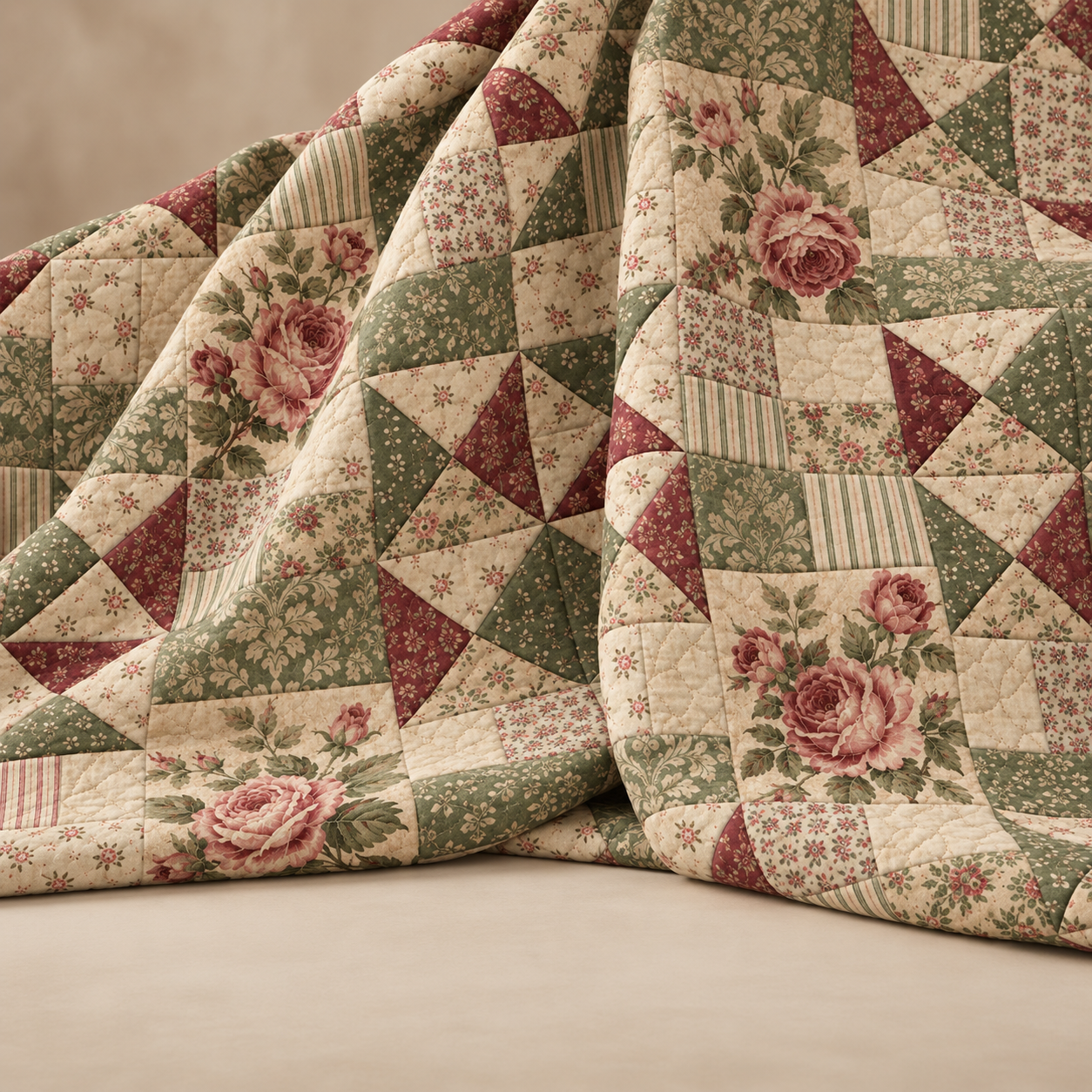 Vintage Patchwork Kumaş – Gül ve Kırkyama Desenli Dekoratif Kumaş