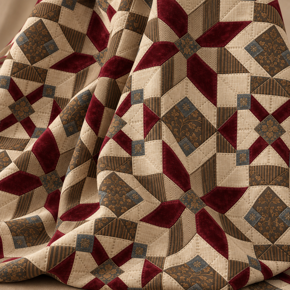 Bordo Patchwork Kumaş – Geometrik Kırkyama Desenli Kumaş