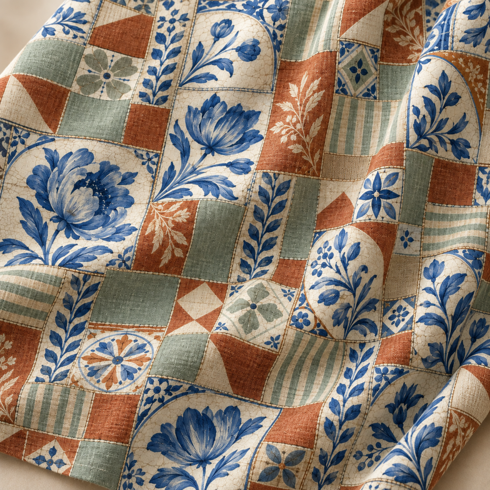 Mavi Patchwork Kumaş – Kiremit ve Yeşil Kırkyama Desenli Kumaş