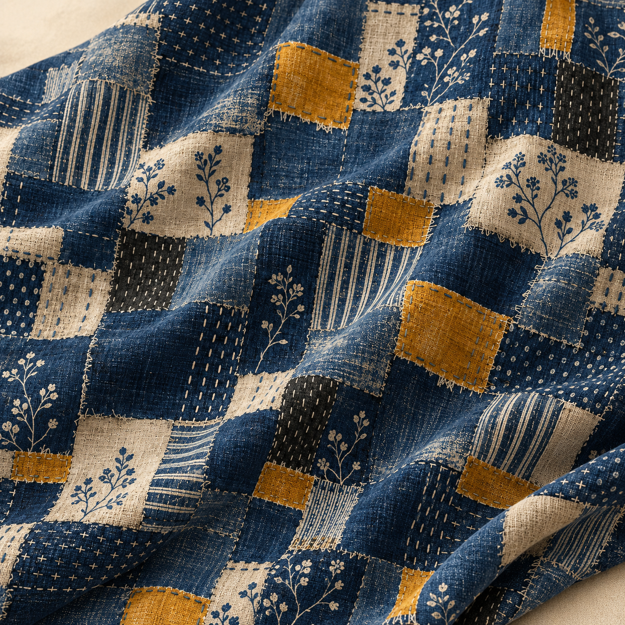 Lacivert Kırkyama Kumaş – Hardal Detaylı Patchwork Desenli Kumaş