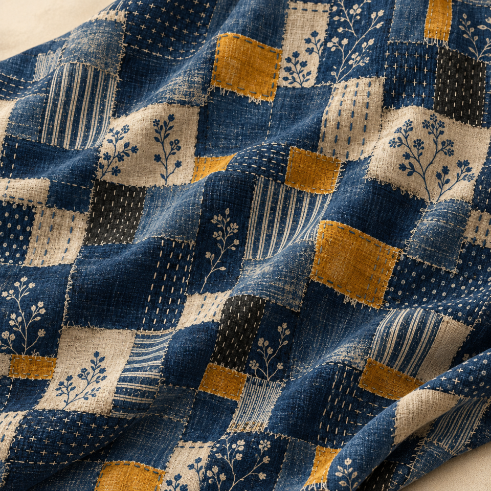 Lacivert Kırkyama Kumaş – Hardal Detaylı Patchwork Desenli Kumaş