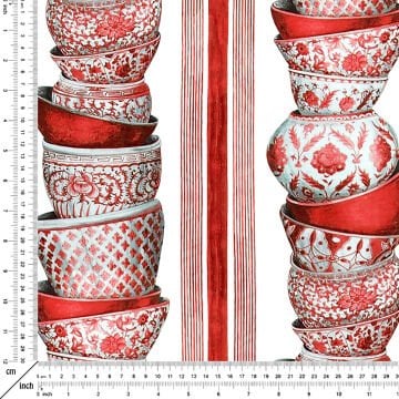 Vintage Blue Blanc Kırmızı Kase Motifli Kumaş