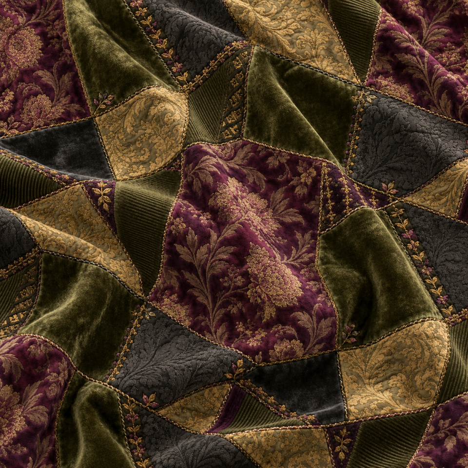 Bordo Yeşil Patchwork Kumaş – Vintage Çiçekli Kırkyama Desenli Kumaş