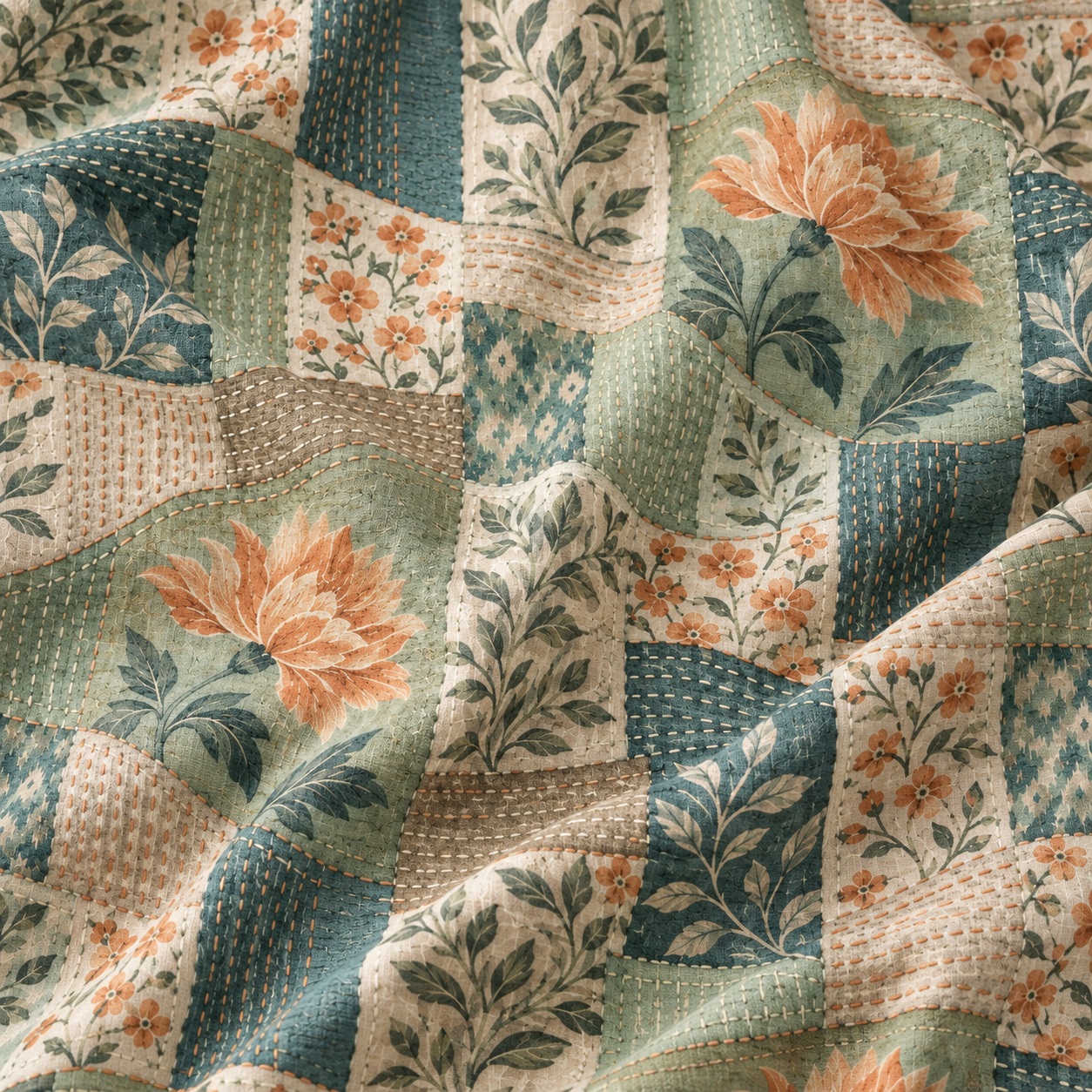 Yeşil Çiçekli Patchwork Kumaş – Somon Çiçekli Kırkyama Desenli Kumaş