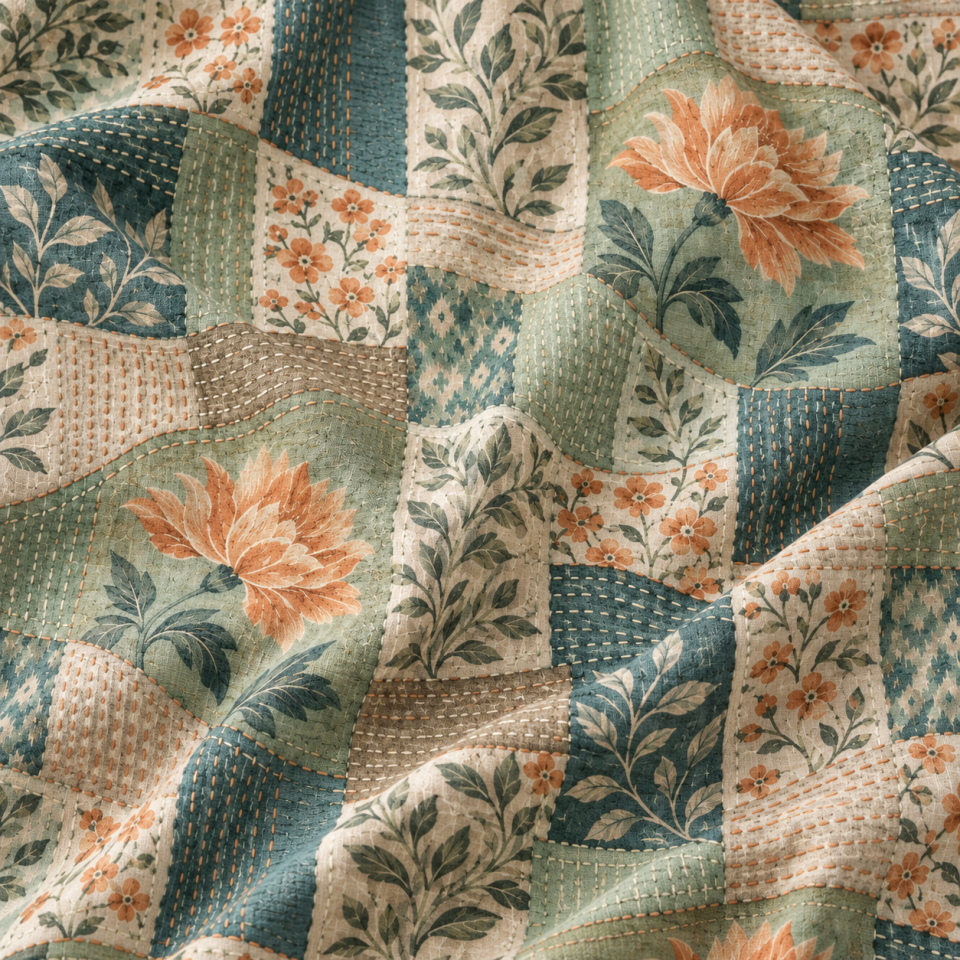 Yeşil Çiçekli Patchwork Kumaş – Somon Çiçekli Kırkyama Desenli Kumaş