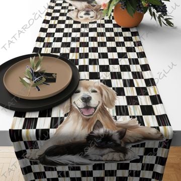 50 cm'lik Runner Siyah Beyaz Dama Üzerine Köpek Desenli Kumaş(SONBAHAR İNDİRİMİ)