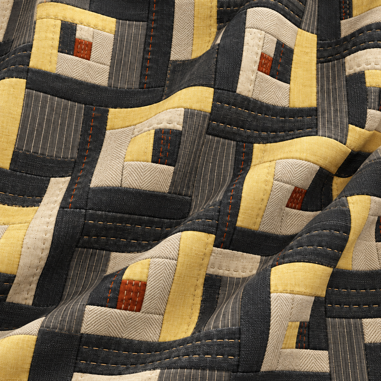 Siyah Hardal Patchwork Kumaş – Geometrik Log Cabin Kırkyama Deseni