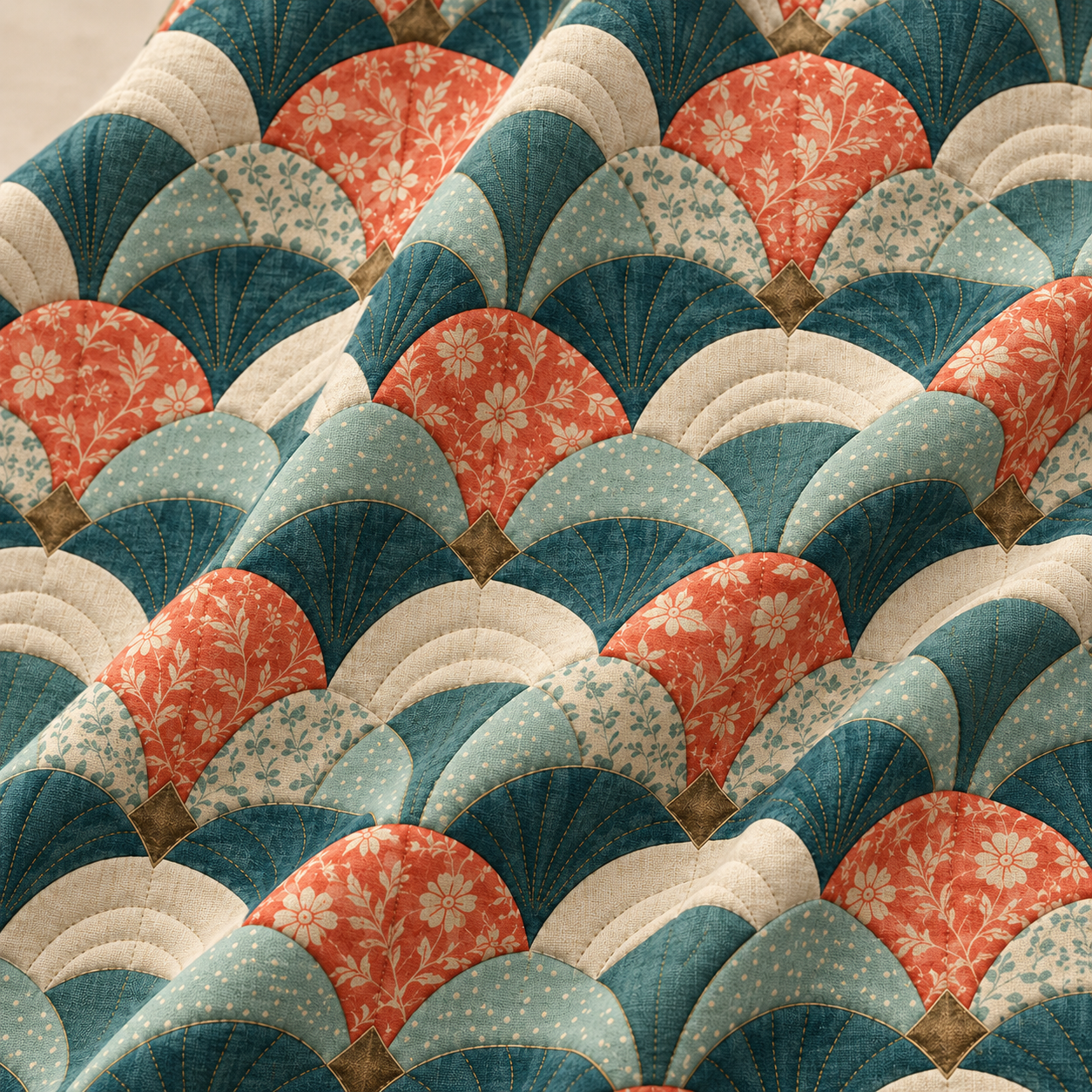 Petrol Yeşili Patchwork Kumaş – Mercan Çiçekli Yelpaze Kırkyama Deseni