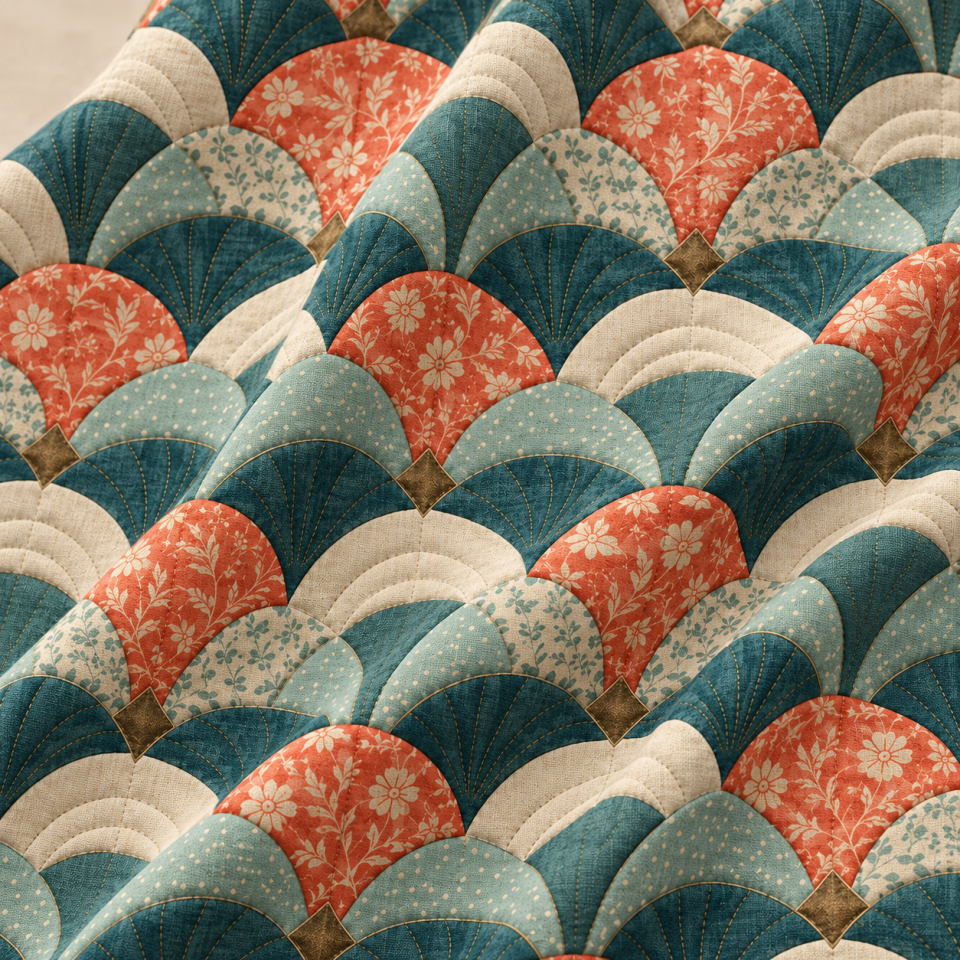 Petrol Yeşili Patchwork Kumaş – Mercan Çiçekli Yelpaze Kırkyama Deseni