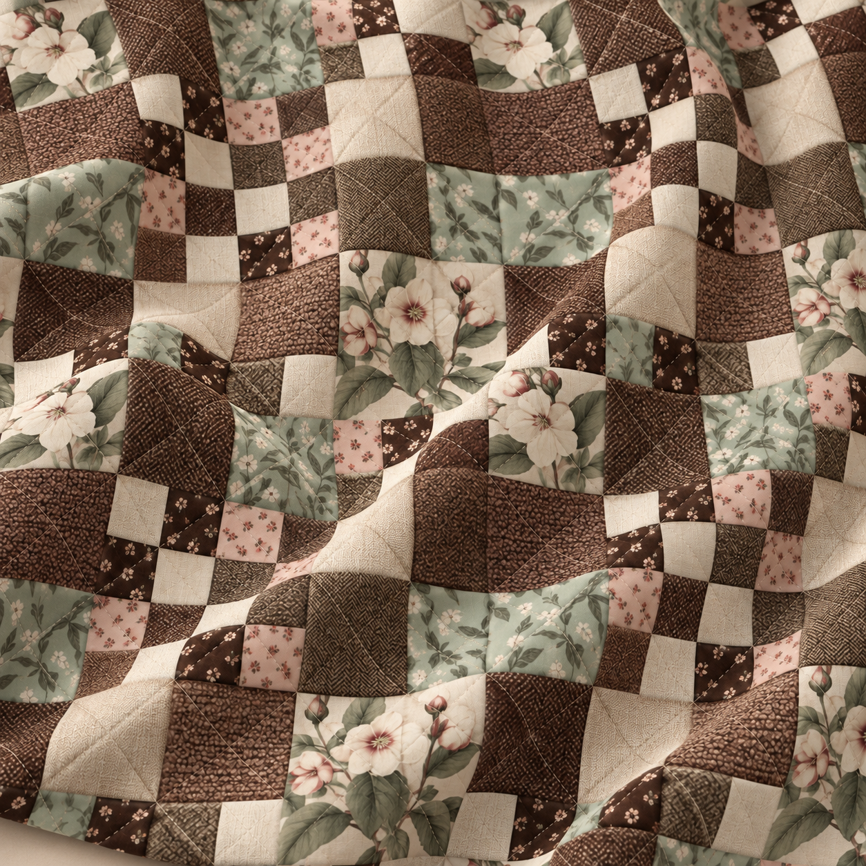 Çiçekli Patchwork Kumaş – Kahverengi Mint Krem Kırkyama Deseni
