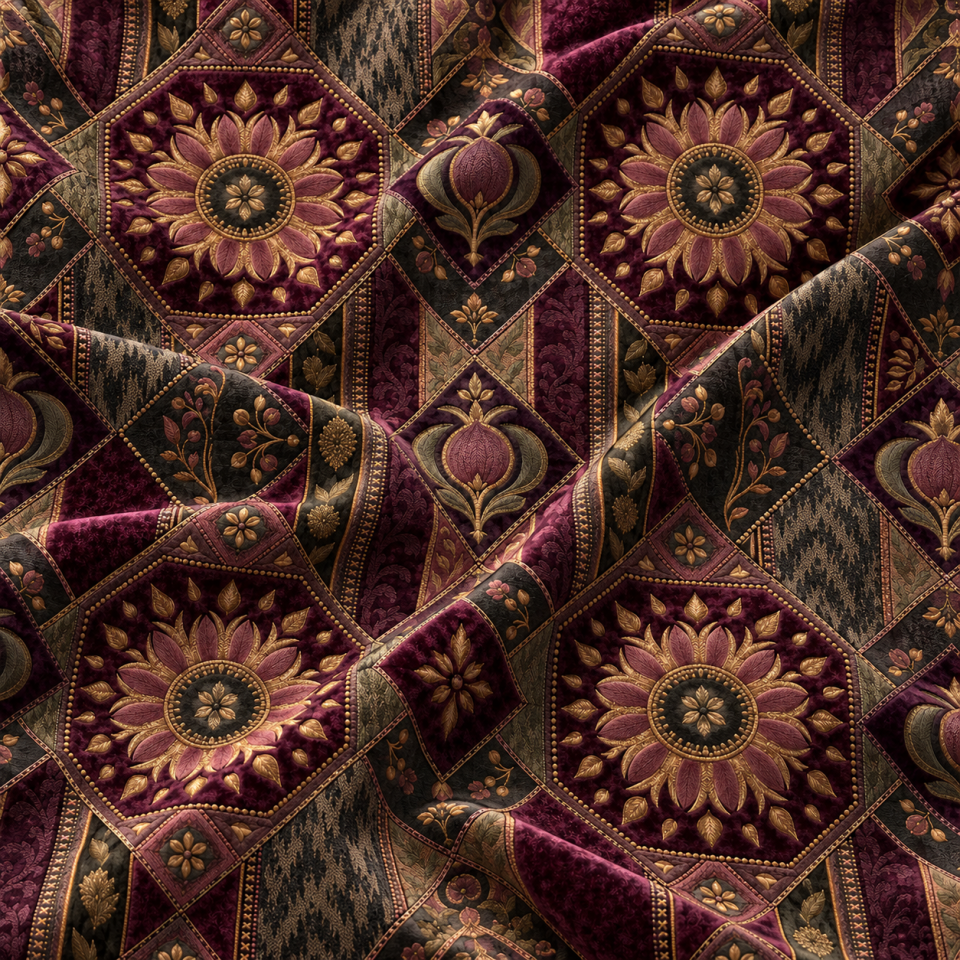 Bordo Patchwork Kumaş – Altın Floral Madalyonlu Kırkyama Deseni
