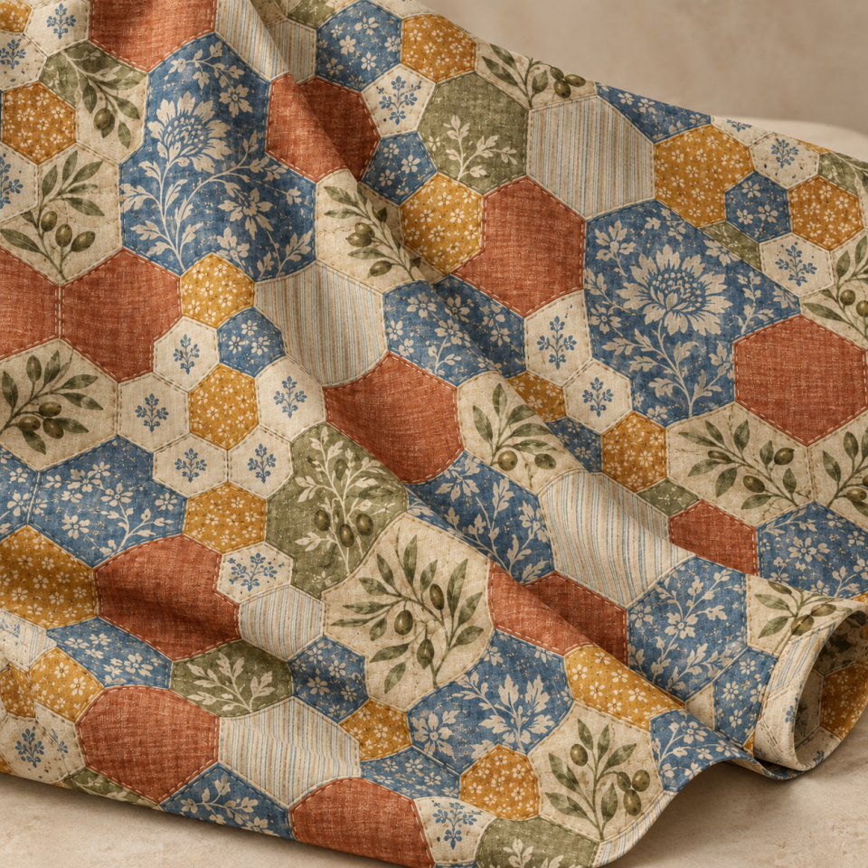 Altıgen Patchwork Kumaş – Zeytin Dalı ve Çiçek Desenli Kırkyama Kumaş