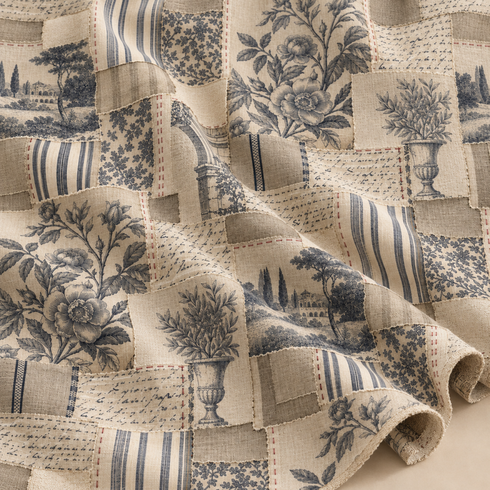 Vintage Patchwork Kumaş – Lacivert Botanik ve Fransız Kırkyama Deseni