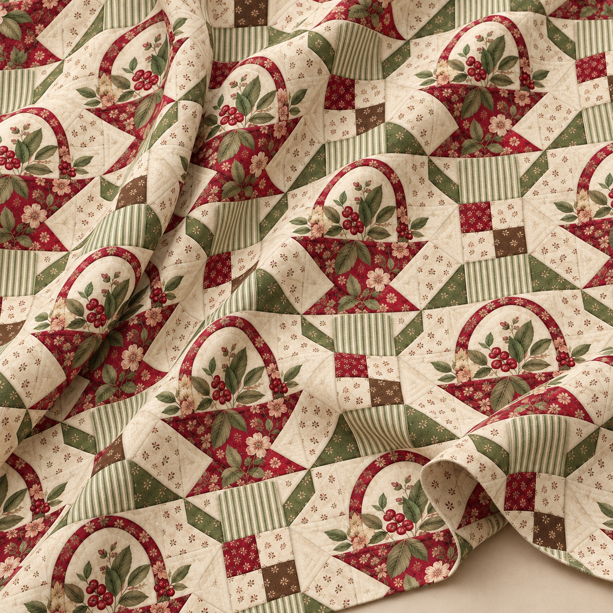 Sepet Patchwork Kumaş – Kırmızı Yeşil Çiçekli Kırkyama Deseni