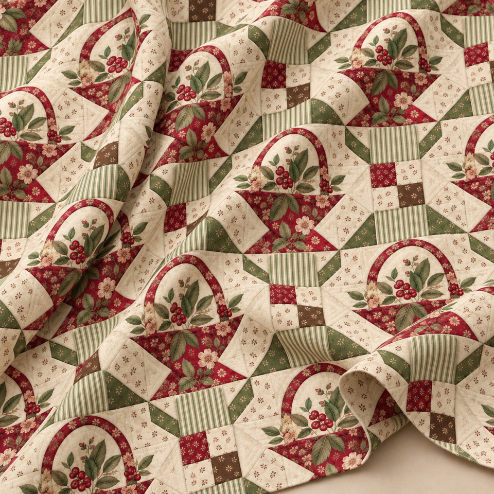 Sepet Patchwork Kumaş – Kırmızı Yeşil Çiçekli Kırkyama Deseni