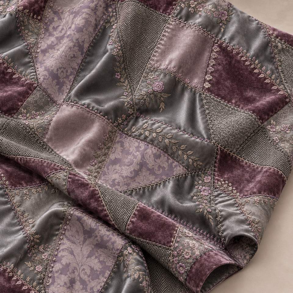 Mürdüm Patchwork Kumaş – Gri Lila Çiçekli Vintage Kırkyama Deseni