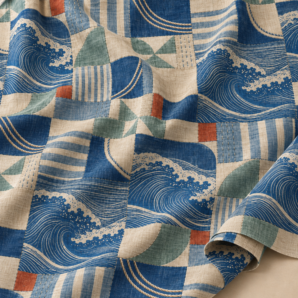 Denizci Patchwork Kumaş – Mavi Dalga ve Geometrik Kırkyama Deseni
