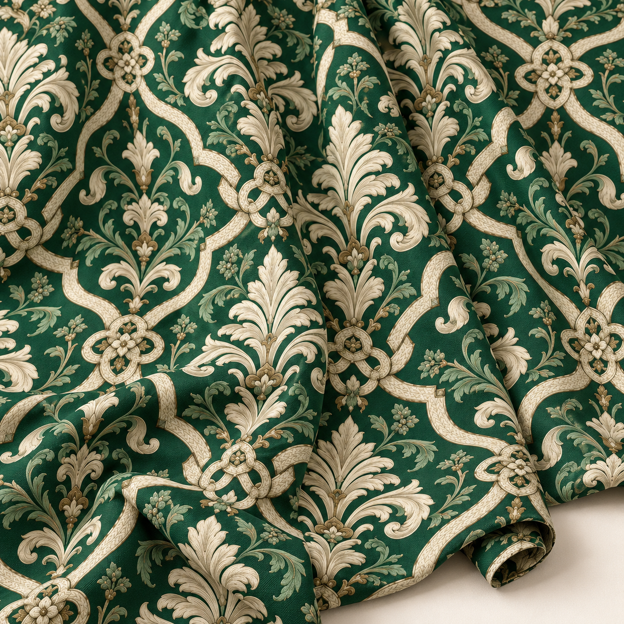 Yeşil Damask Kumaş – Zümrüt Fildişi Klasik Venedik Deseni