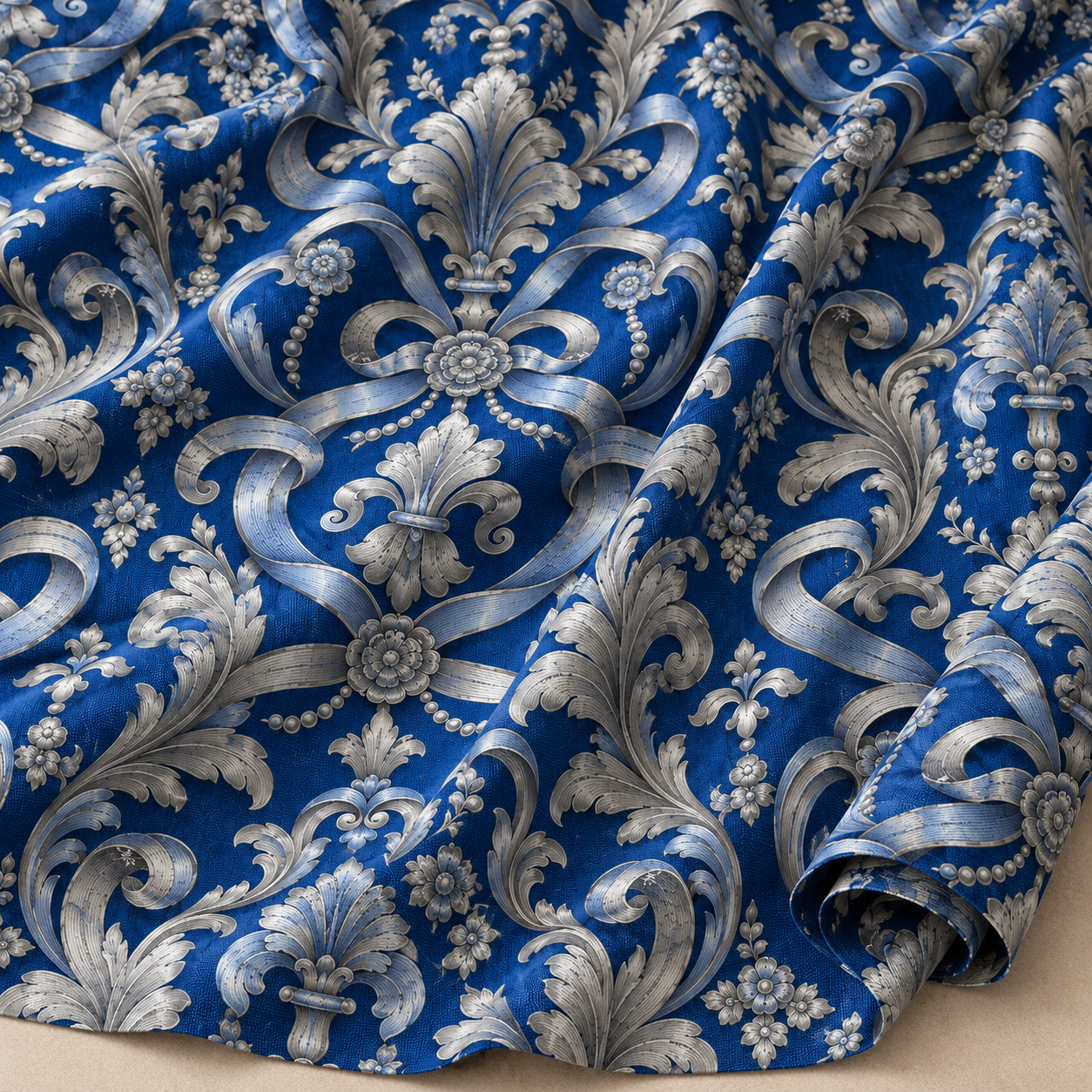 Mavi Damask Kumaş – Gümüş Akantus ve Kurdele Desenli Klasik Kumaş