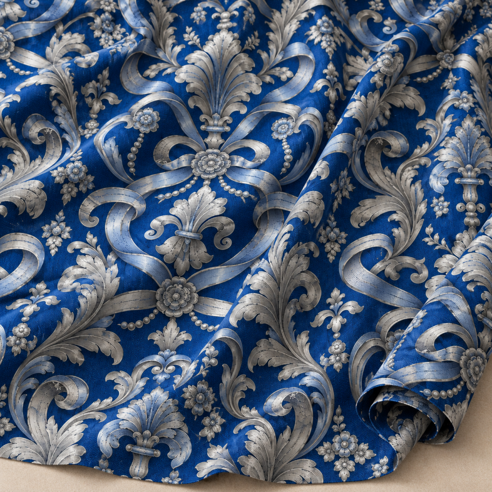Mavi Damask Kumaş – Gümüş Akantus ve Kurdele Desenli Klasik Kumaş