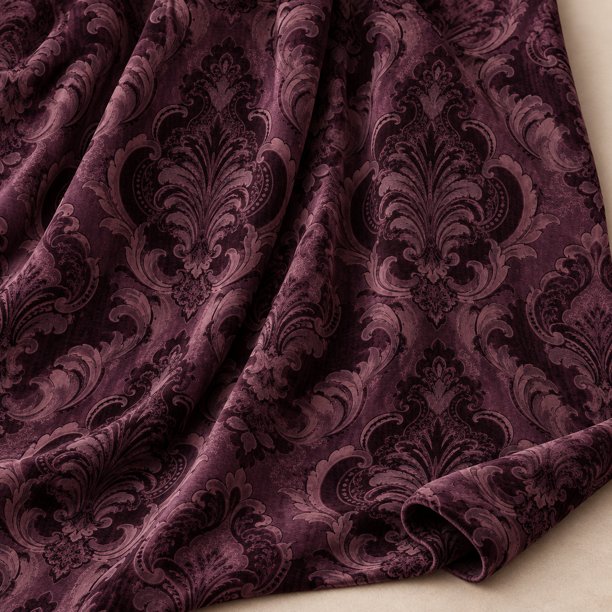 Mürdüm Damask Kumaş – Ton Sür Ton Barok Akantus Desenli Kumaş